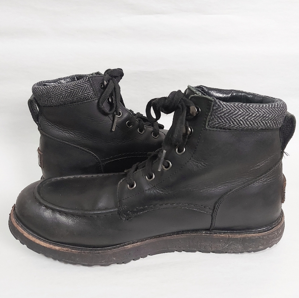 UGG Men Edgy Moto Combat Laceup Boots Black Leather High Ankle Motorcycle Hiking - Picture 7 of 11